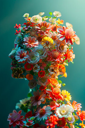 Floral Cosmos: A Stunning 3D Visualization of Cosmic Bouquets on Blue-Green Background in 8K 3D, Blending Minimalism, Futurism, and Photorealism with Volumetric Light Effects, created with Generative AI technologyの素材