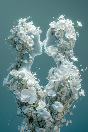 Interstellar Blooms: A Stunning 3D Visualization of Cosmic Bouquets on a Blue-Green Canvas created with Generative AI technologyの素材