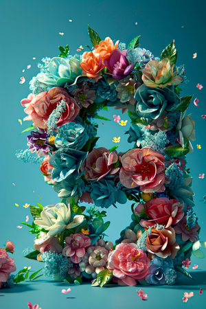 Cosmic Floral Symphony: A Futuristic 3D Rendering of the Number 9 on a Blue-Green Background with Volumetric Light Effects created with Generative AI technologyの素材