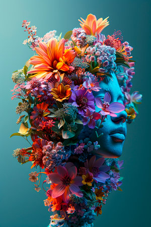 Floral Cosmos: A Stunning 3D Visualization of Five Bouquets in a Futuristic Minimalist Style on a Blue-Green Background with Volumetric Light and Photorealism, in 8K Resolution created with Generative AI technologyの素材