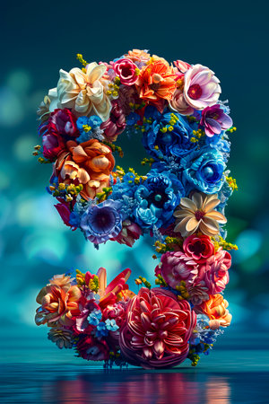 Floral Cosmos: A Futuristic 3D Rendering of the Number 9 on Blue-Green Background created with Generative AI technologyの素材