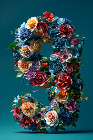 Galactic Floral Fusion: A 3D Rendering of the Number 9 in a Minimalist Futuristic Setting created with Generative AI technologyの素材