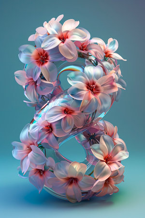 Ethereal Cosmic Bouquets: A Futuristic 3D Image of Minimalistic Beauty on a Blue-Green Background with Volumetric Light, created with Generative AI technologyの素材
