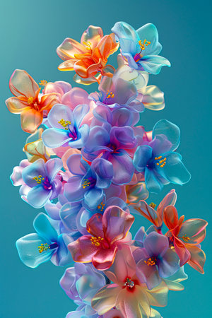 Floral Cosmic Symphony: A Stunning 3D Visualization of Six Bouquets on Blue-Green Background created with Generative AI technology.の素材