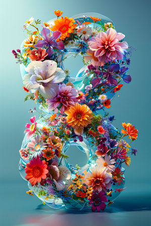 Floral Cosmos: A Futuristic 3D Visualization of Cosmic Bouquets on Blue-Green Background created with Generative AI technologyの素材