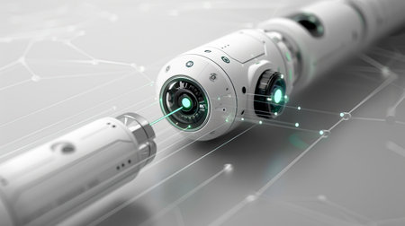 Sleek High-Tech Medtech AI Slide Background with Polished White Metal and Laser Connectors, created with Generative AI technologyの素材