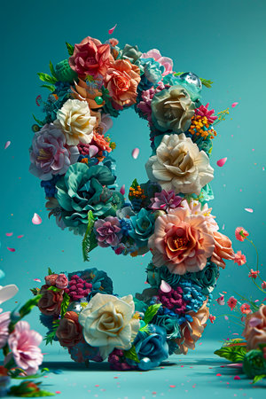 Cosmic Floral 9: A Futuristic Minimalist 3D Image on Blue-Green Background with Volumetric Light and Photorealism created with Generative AI technologyの素材