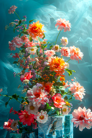 Floral Cosmos: A Stunning 3D Visualization of Four Bouquets in a Minimalist Futuristic Setting with Volumetric Light and Photorealism on an 8K 3D Blue-Green Background created with Generative AI technologyの素材