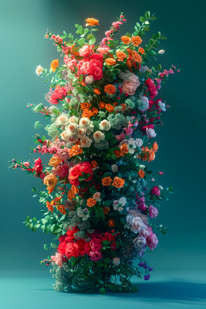 Vibrant Cosmos: A Futuristic 3D Rendering of Five Cosmic Bouquets on a Blue-Green Background in 8K Photorealism and Volumetric Light, Minimalist and Futuristic Design created with Generative AI technologyの素材