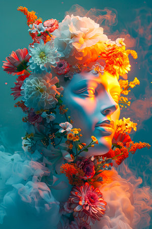 Floral Cosmos: A Futuristic 3D Masterpiece in Photorealism and Minimalism on 8K 3D Volumetric Light, set against a Blue-Green Background created with Generative AI technologyの素材