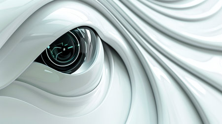Sleek High-Tech Medtech AI Slide Background with Polished White Metal and Laser-Connected Circular Lenses, created with Generative AI technologyの素材