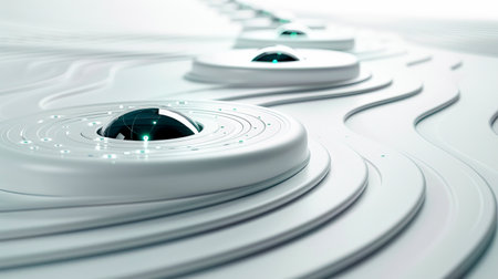 Sleek High-Tech Medtech AI Slide Background with Polished White Metal and Laser-Connected Circular Lenses, created with Generative AI technologyの素材