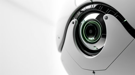Sleek High-Tech Medtech AI Slide Background with Polished White Metal and Laser-Equipped Circular Lenses created with Generative AI technologyの素材