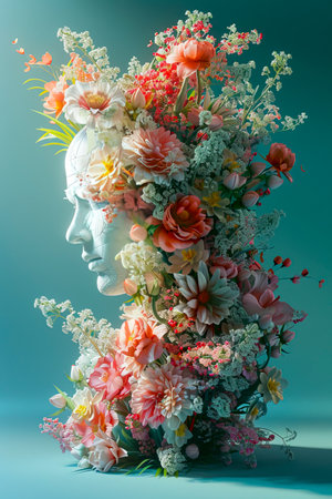 Cosmic Floral Trifecta: A Futuristic Exploration of Minimalist 8K 3D Photorealism on a Blue-Green Canvas of Volumetric Light created with Generative AI technologyの素材