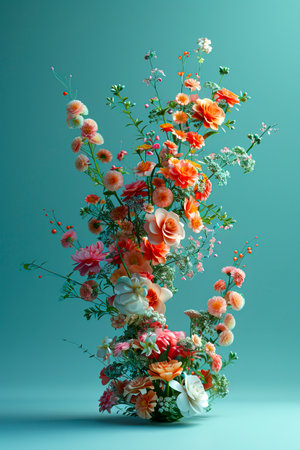 Floral Cosmos: A Stunning 3D Visualization of Three Cosmic Bouquets on a Blue-Green Background, Blending Minimalism, Futurism, and Photorealism with Volumetric Light in 8K 3D Quality created with Generative AI technologyの素材