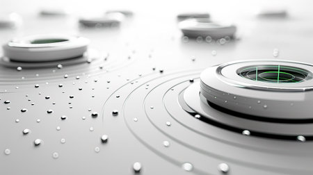 High-Tech Medtech AI: Sleek White Metal Slide Background with Circular Lenses and Laser Connections created with Generative AI technologyの素材