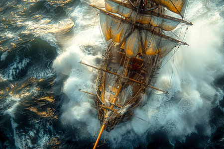 The Wooden Sailing Vessel: Navigating the 16th Century Seas with Grace and Power created with Generative AI technologyの素材