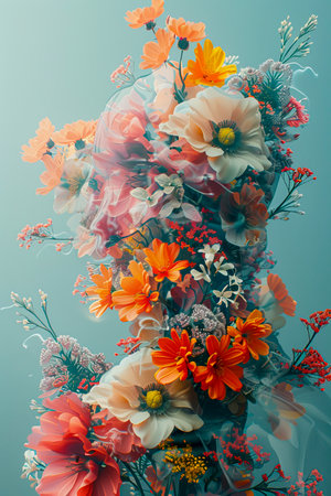 Floral Cosmos: A Futuristic 3D Volumetric Light Experience in 8K Photorealism on a Minimalist Blue-Green Background created with Generative AI technology.の素材