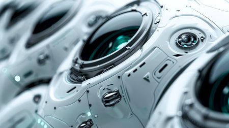 Sleek High-Tech Medtech AI Slide Background with Polished White Metal and Laser-Connected Circular Lenses, created with Generative AI technologyの素材