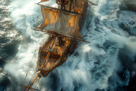 The Wooden Sailing Vessel: Navigating the 16th Century Seas with Grace and Power created with Generative AI technologyの素材