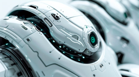 Sleek High-Tech Medtech AI Slide Background in Polished White Metal with Circular Lenses and Laser Connections, created with Generative AI technologyの素材