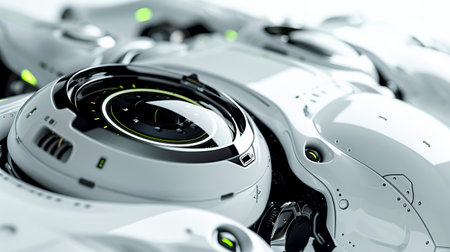 Sleek High-Tech Medtech AI Slide Background with Polished White Metal and Laser-Connected Circular Lenses created with Generative AI technologyの素材