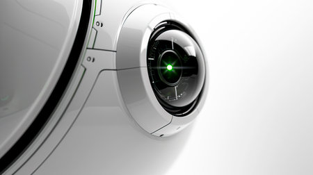 Sleek High-Tech Medtech AI Slide Background with Polished White Metal and Laser-Connected Circular Lenses, created with Generative AI technologyの素材