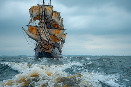The Wooden Sailing Vessel: Navigating the 16th Century Seas with Grace and Power created with Generative AI technologyの素材