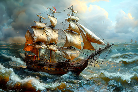 The Wooden Sails of the Sea: A 16th Century Ship Battling the Waves on the Ocean created with Generative AI technologyの素材