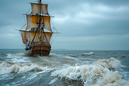 The Wooden Sailing Vessel: Navigating the 16th Century Seas with Grace and Power created with Generative AI technologyの素材