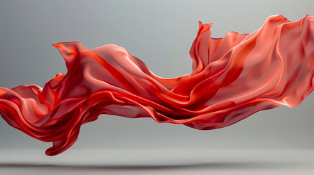 Ethereal Elegance: Floating Red Cloth in 8K Ultra HD on a Gray Neutral Background created with Generative AI technologyの素材