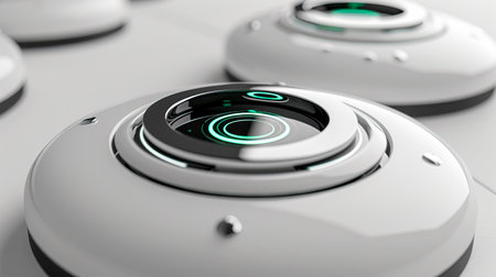 Sleek White Metal Medtech AI Slide Background with Laser Connections and Circular Lenses created with Generative AI technologyの素材