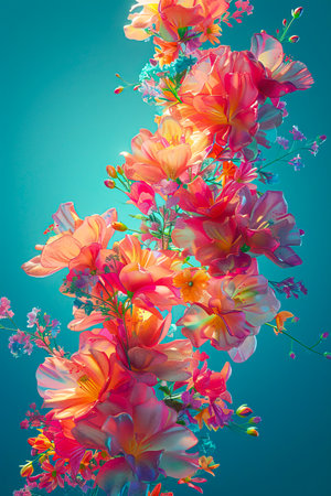 Floral Cosmos: A Futuristic 3D Masterpiece in 8K Resolution on a Blue-Green Background created with Generative AI technologyの素材