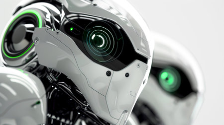 Sleek High-Tech Medtech AI Slide Background with Polished White Metal and Laser-Connected Circular Lenses, created with Generative AI technologyの素材