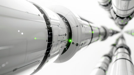 Sleek High-Tech Medtech AI Slide Background with Polished White Metal and Laser-Connected Circular Lenses created with Generative AI technologyの素材