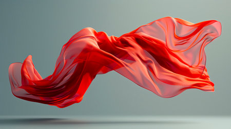 Ethereal Elegance: Floating Red Cloth in Stunning 8K Ultra HD on a Gray Neutral Background created with Generative AI technologyの素材
