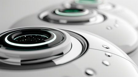 Sleek High-Tech Medtech AI Slide Background with Polished White Metal and Laser-Connected Circular Lenses, created with Generative AI technologyの素材