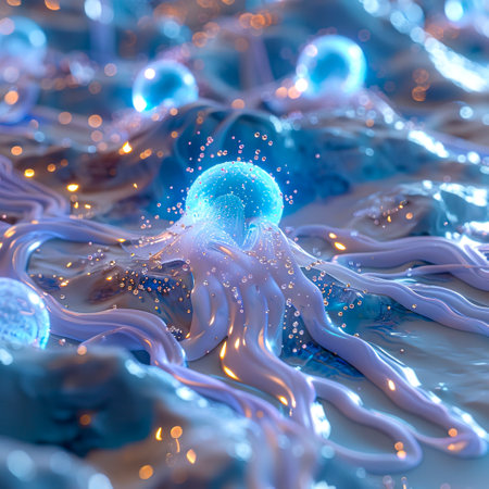 Ultra Detail: Blue and White Laser Light Simulating Cells Entering the Skin's Bottom Layer in 8K High Reflectivity on White Background, Infused with Technological Sense created with Generative AI technologyの素材