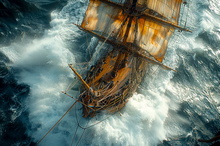 The Wooden Sailing Vessel: Navigating the Treacherous Seas of the 16th Century created with Generative AI technologyの素材