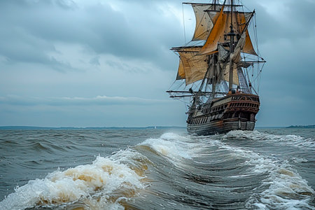 The Wooden Sailing Vessel: Navigating the 16th Century Waves on the High Seas created with Generative AI technologyの素材