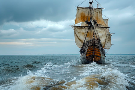 Wooden Sails: A 16th Century Ship's Journey Across the Ocean Waves created with Generative AI technologyの素材