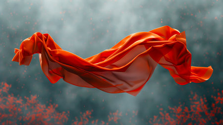 Ethereal Elegance: Floating Red Cloth in 8K Ultra HD on Gray Neutral Background created with Generative AI technologyの素材