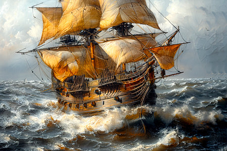 The Wooden Sailing Vessel: Navigating the 16th Century Seas with Grace and Power created with Generative AI technologyの素材
