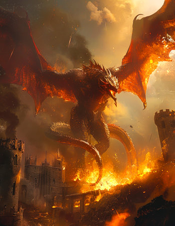 Vibrant Medieval Dragon in Dynamic Pose Illustration, Clean and Detailed Portrait with Minimalist Style, Created with Generative AI Technologyの素材