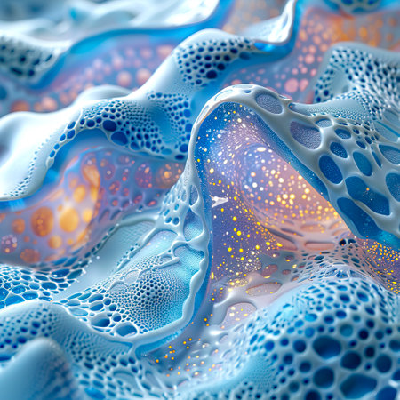 Ultra Detail Simulation of Amino Acids Entering Skin Cells with Laser Light on High Reflectivity Background in Blue and White - Technological Sensation in 8k Resolution created with Generative AI technologyの素材