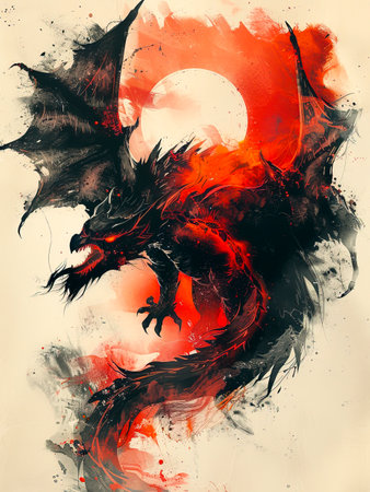 Majestic Dragon: A Medieval Flying Beast in Dynamic Pose, Vibrant and Detailed Illustration created with Generative AI technologyの素材