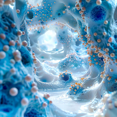 Ultra Detail Simulation of Amino Acids and Cells Penetrating Skin Layers with Laser Light on Blue and White Background, Created with Generative AI Technologyの素材