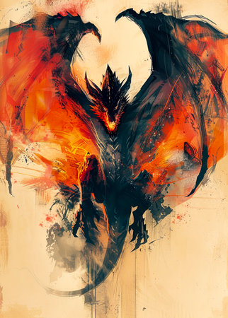 Vibrant Medieval Dragon in Dynamic Pose - Clean and Detailed Illustration created with Generative AI technologyの素材