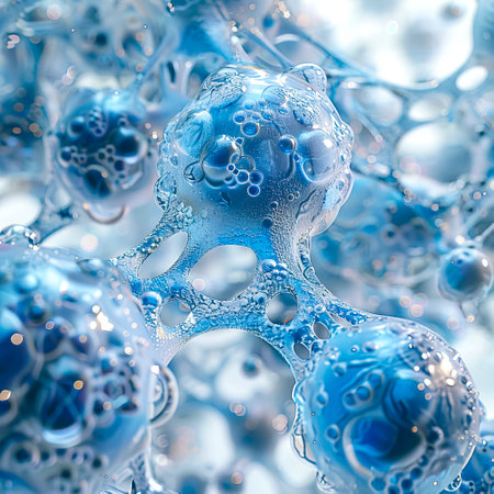 Ultra Detail Simulation of Amino Acids and Cells Penetrating Skin Layers with Laser Light on High Reflectivity Background in Blue and White Tones, 8K Technological Sensation on White Background, created with Generative AI technologyの素材