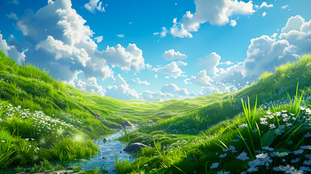 Rolling Meadows: A Serene View of Lush Green Hills and Clear Blue Skies in Traditional Animation Style, created with Generative AI technologyの素材